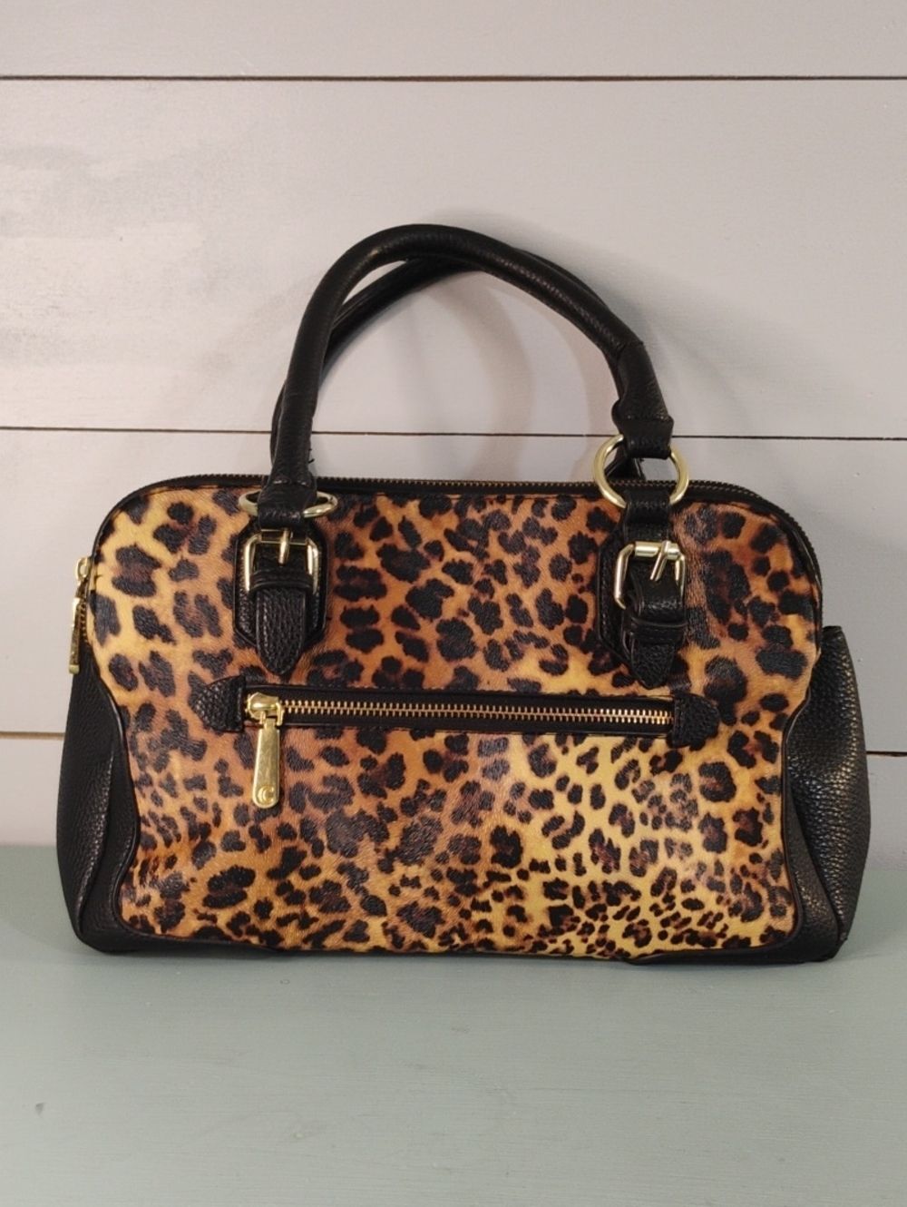Charming Charlie Leopard Print Satchel Handbag with Black Trim